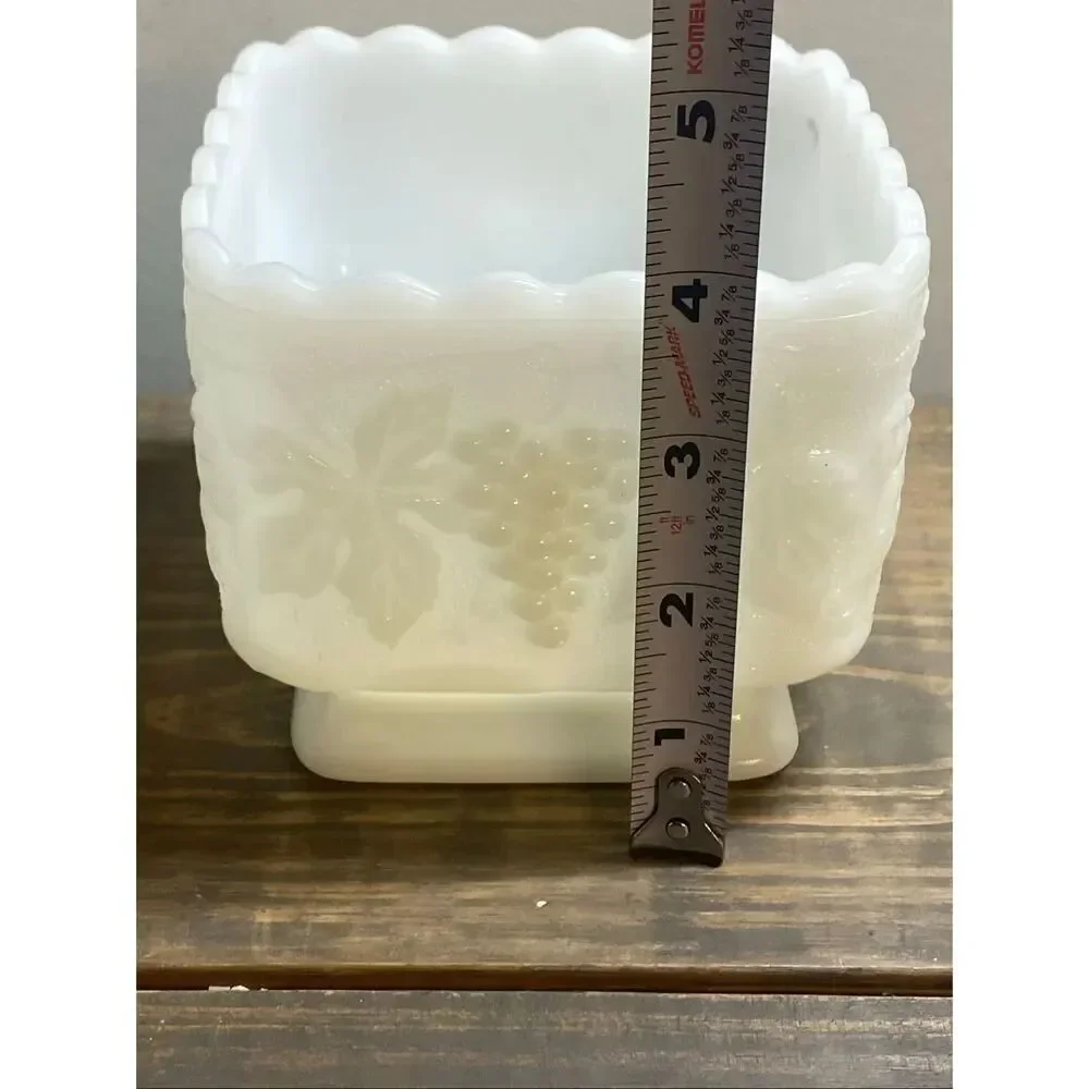 VTG Anchor Hocking Harvest Grape Square Scalloped Milk Glass Pedestal Planter